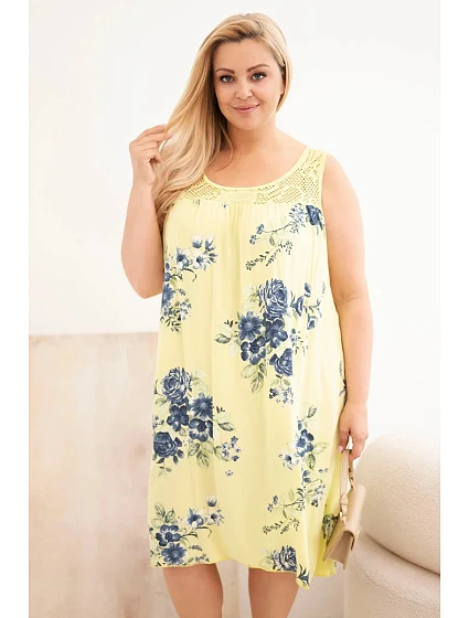 Dámské šaty Plus Size z viskózy s květinovým vzorem a krajkovým vrškem žlutá Dámské šaty Plus Size z viskózy s květinovým vzorem a krajkovým vrškem žlutá