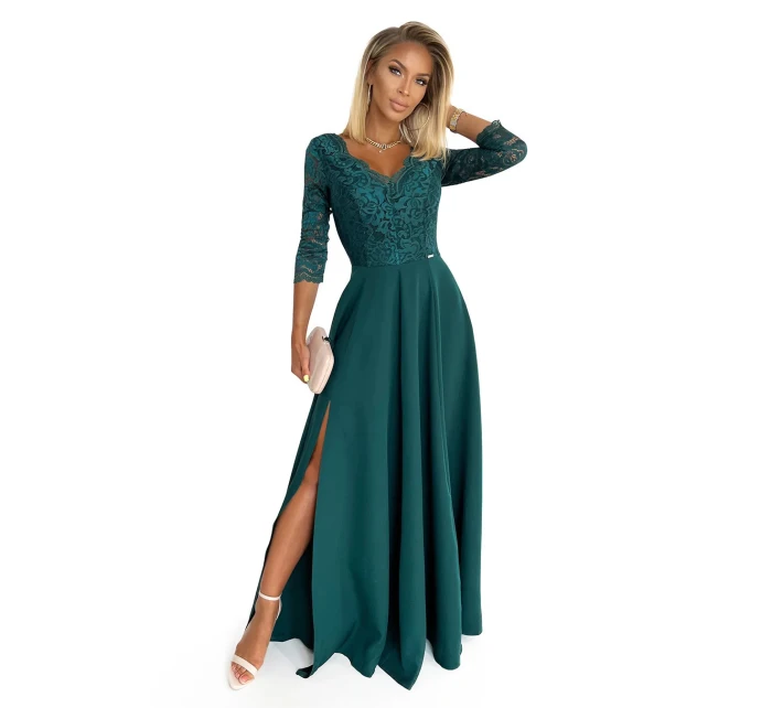 Dámské dlouhé krajkové šaty tmavě zelené model 21413434 - numoco