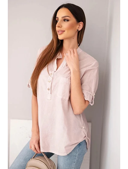 Dámská košilová bavlněná halenka s krátkým rukávem a kapsou tmavě pudrově růžová Dámská košilová bavlněná halenka s krátkým rukávem a kapsou tmavě pudrově růžová