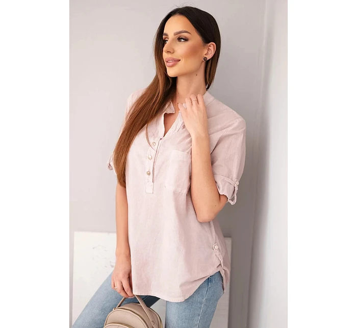 Dámská košilová bavlněná halenka s krátkým rukávem a kapsou tmavě pudrově růžová Dámská košilová bavlněná halenka s krátkým rukávem a kapsou tmavě pudrově růžová