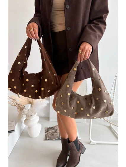 Kožená semišová kabelka s zdobením tmavě béžová model 21721804 - Boto