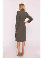 S415 Košilové šaty vázané v pase - khaki barva