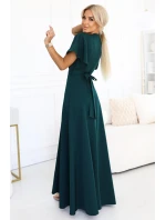 dlouhé šaty s rozparkem na rukávy a výstřihem lahvově zelené model 21291970 - numoco