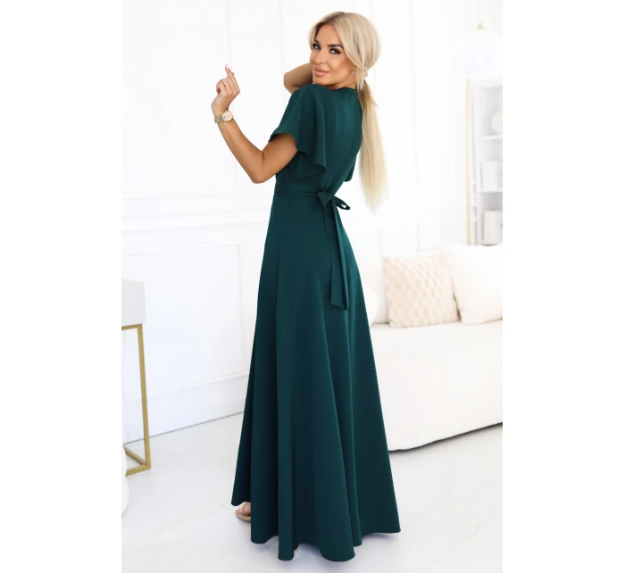 dlouhé šaty s rozparkem na rukávy a výstřihem lahvově zelené model 21291970 - numoco