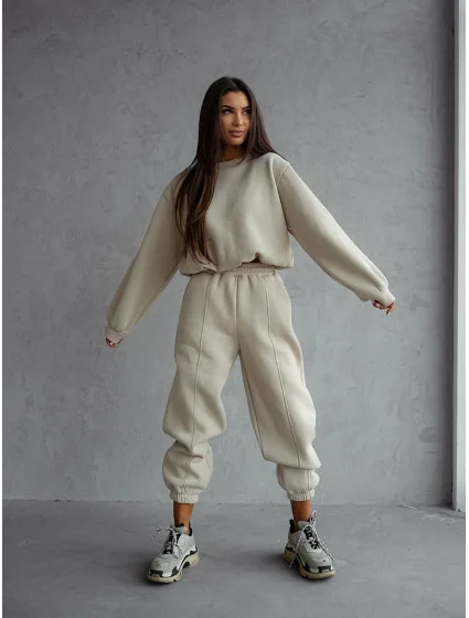 Béžový dámský bavlněný teplákový komplet s krátkou mikinou model 20905684 - Moon