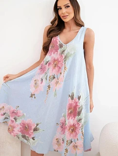 Dámské bavlněné oversize šaty s výstřihem do V a květinovým potiskem modrá