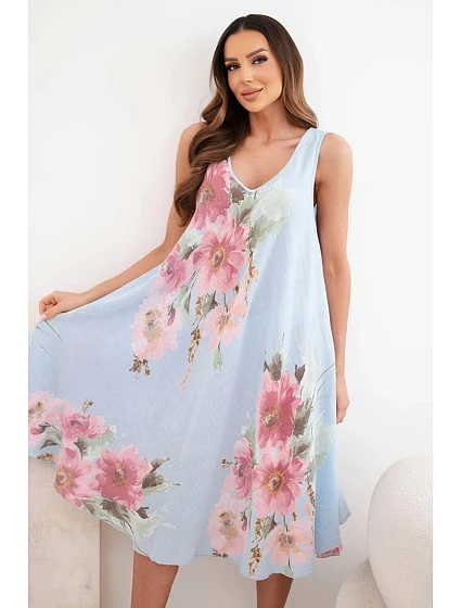 Dámské bavlněné oversize šaty s výstřihem do V a květinovým potiskem modrá Dámské bavlněné oversize šaty s výstřihem do V a květinovým potiskem modrá