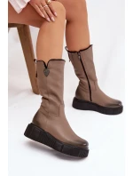 Kožené Dámské Kozačky S Tmavě Béžové model 21821669 - Zazoo