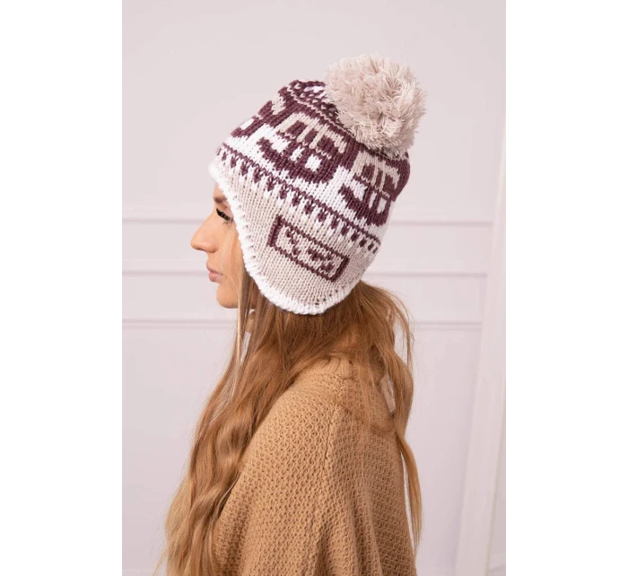 Dámská čepice s bambulí Rosa K368 vínová+bílá+béžová Dámská čepice s bambulí Rosa K368 vínová+bílá+béžová