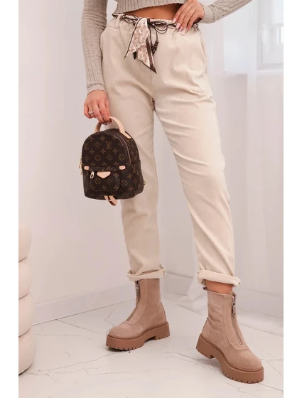 Dámské kalhoty z viskózy s šátkovým páskem béžové Dámské kalhoty z viskózy s šátkovým páskem béžové