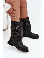 Vlnité dámské kozačky do poloviny lýtek s pásky a sponami Černé Halvessa Vlnité dámské kozačky do poloviny lýtek s pásky a sponami Černé Halvessa