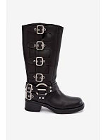 Dámské kožené kozačky na nízkém podpatku s přezkami Big Star model 22349500 Černé - Big Star Shoes Dámské kožené kozačky na nízkém podpatku s přezkami Big Star model 22349500 Černé - Big Star Shoes