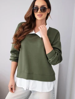 Dámská máslová mikina z viskózy s model 22014161 vsadkou khaki - K-Fashion