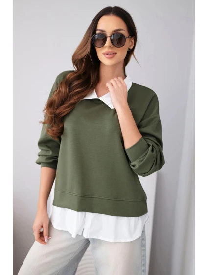 Dámská máslová mikina z viskózy s model 22014161 vsadkou khaki - K-Fashion
