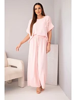 Dámský komplet z viskózy s ozdobným květem a širokými kalhotami pudrově růžová