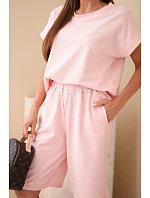 Dámská bavlněná souprava tričko krátký rukáv a kraťasy s gumou v pase pudrově růžová