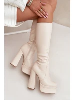 Zateplené dámské kozačky na podpatku a platformě světle béžové model 21704844 - Boto
