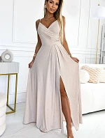 299-15 CHIARA elegantní maxi dlouhé šaty bez ramínek - béžové s brokátem