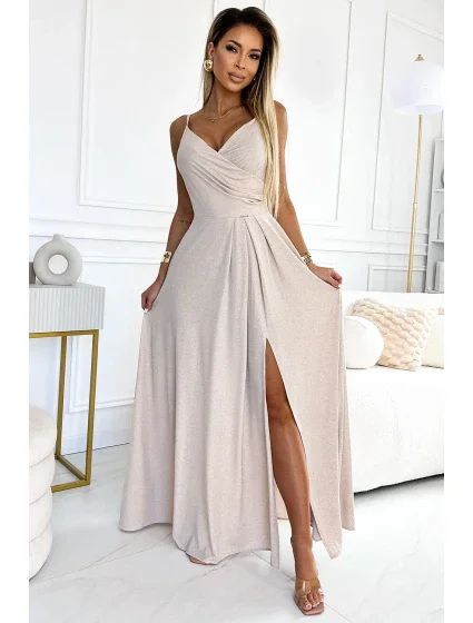 CHIARA Elegantní béžové dlouhé dámské maxi šaty na ramínkách s brokátem model 20085426 - numoco
