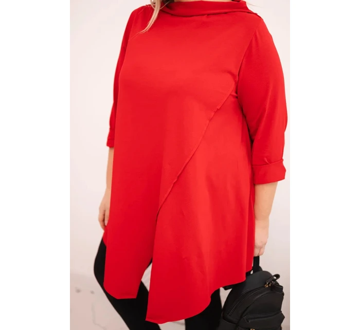 Dámská bavlněná blůza Plus Size asymetrická s ohrnutým rukávem červená