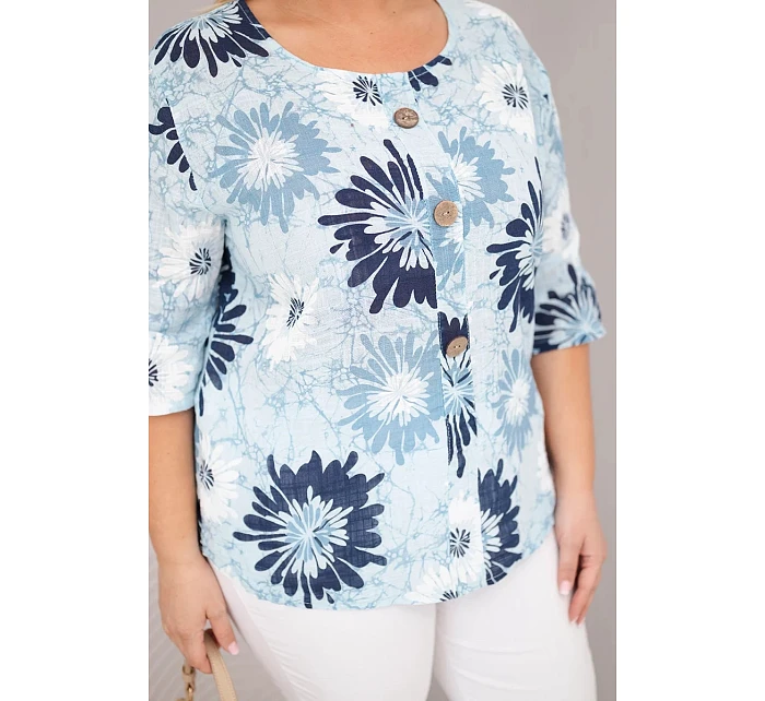 Dámská bavlněná halenka Plus Size s krátkým rukávem a knoflíky modrá