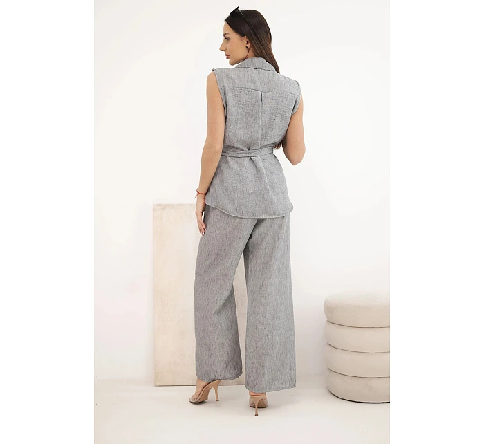 Dámský komplet s halenkou se zavazováním a širokými kalhotami grafitový