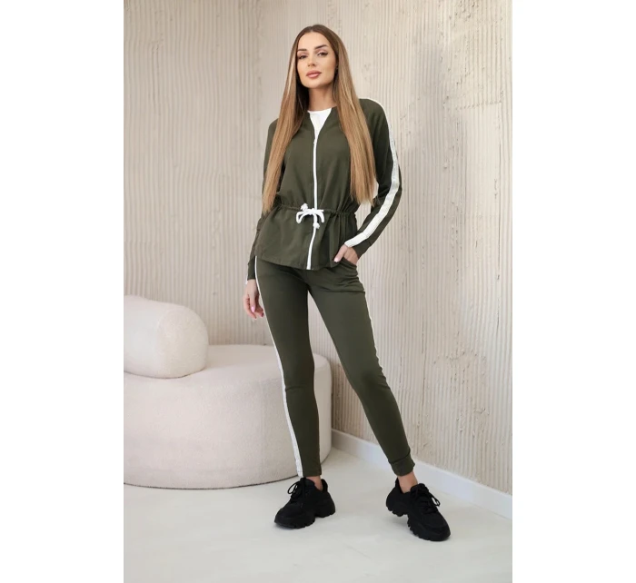 Dámská bavlněná souprava s proužky a stahovacími lemy khaki