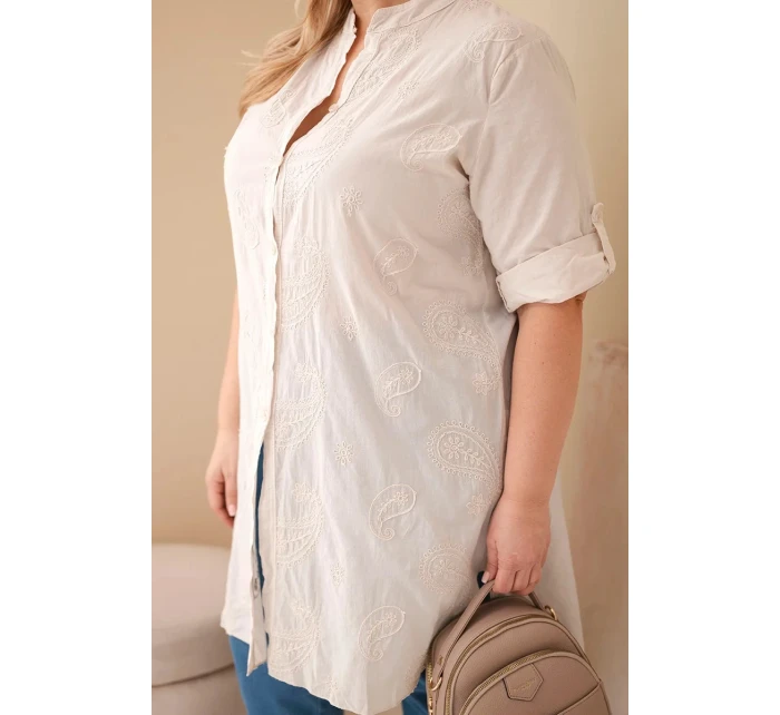 Dámská sukně Plus Size s vyšíváním a ohrnutým rukávem béžová