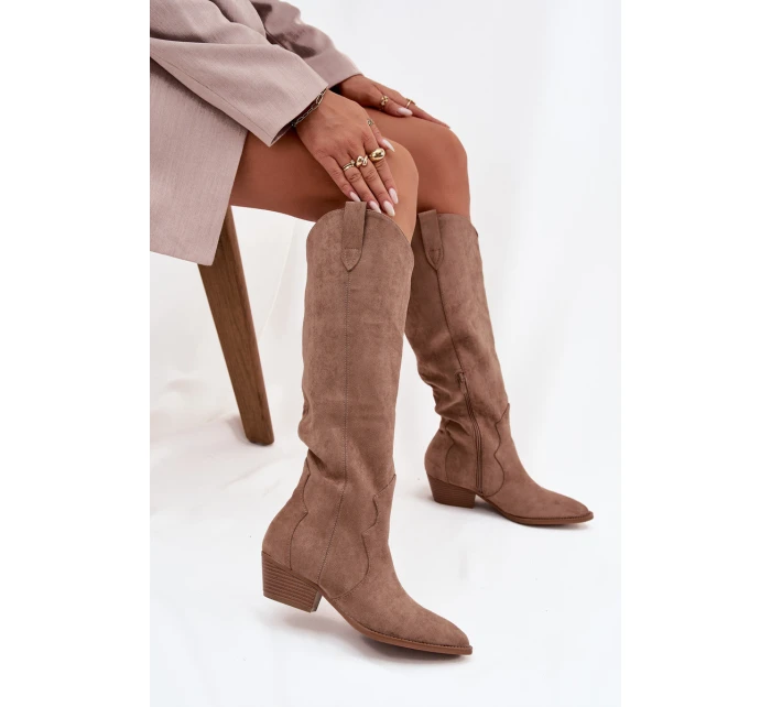 Eko semišové kozačky kovbojky dámské na podpatku béžové Jenaya