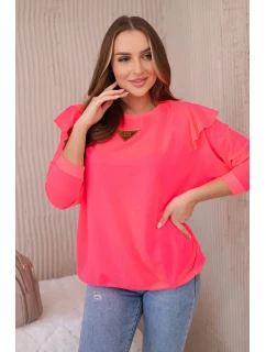 Bavlněná halenka s volánky na ramenou Růžový neon