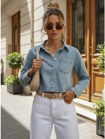 Krátká dámská džínová košile s dlouhým rukávem FashionStreet TY5692 Krátká dámská džínová košile s dlouhým rukávem FashionStreet TY5692