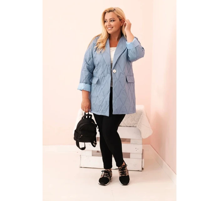 Dámská bunda Plus Size prošívaná s límcem a knoflíkem džínová