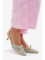 Krajkové dámské sandály na podpatku s mašlí zelené model 22107310 - Boto
