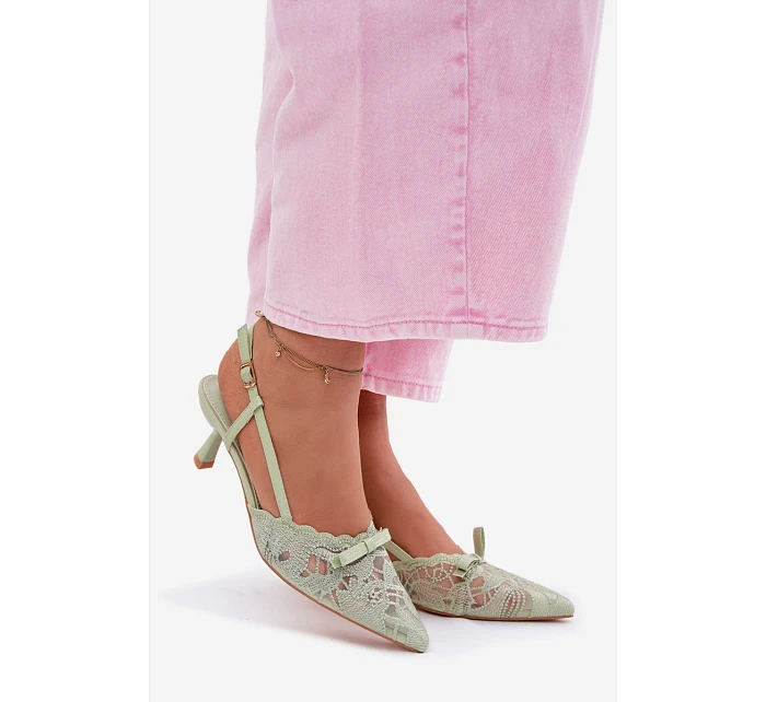 Krajkové dámské sandály na podpatku s mašlí zelené model 22107310 - Boto