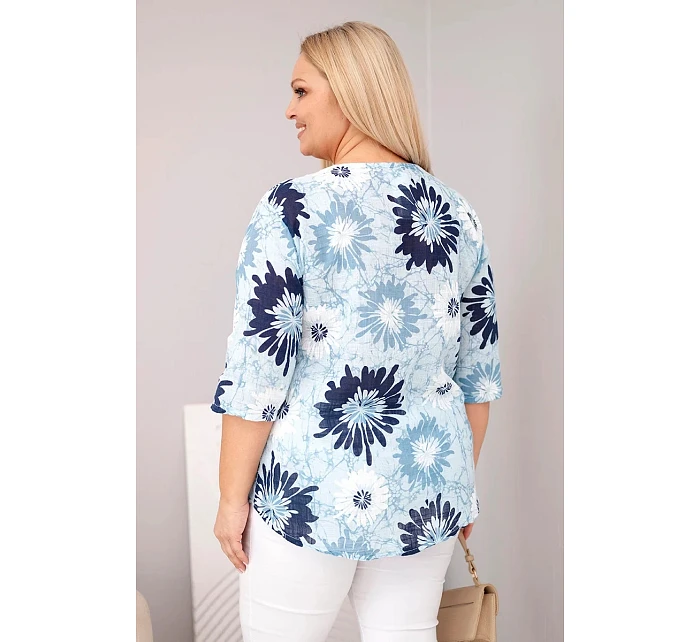 Dámská bavlněná halenka Plus Size s krátkým rukávem a knoflíky modrá