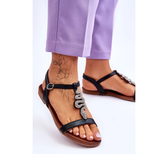 Kožené sandály s ozdobným hadem S.Barski Černá Kožené sandály s ozdobným hadem S.Barski Černá