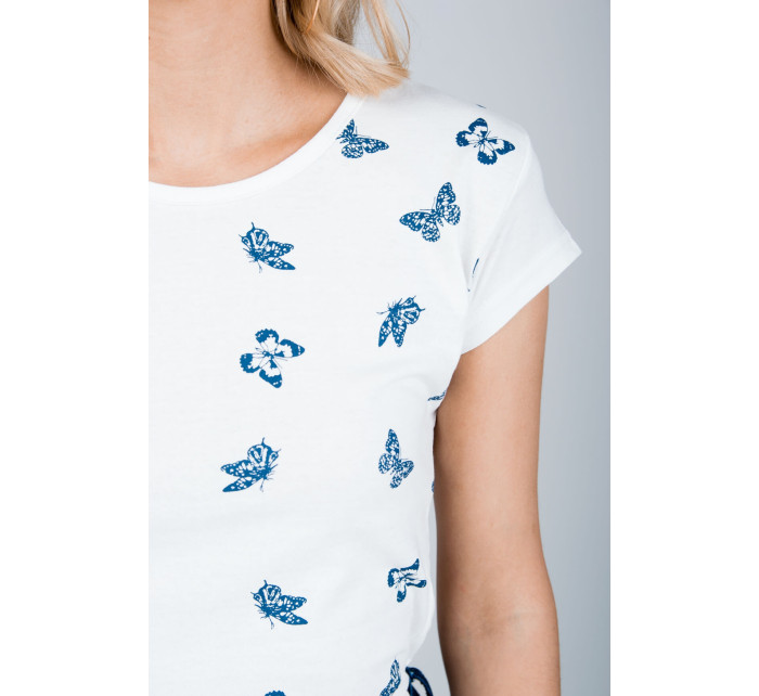 Bílé dámské tričko s modrými motýly - bílá,