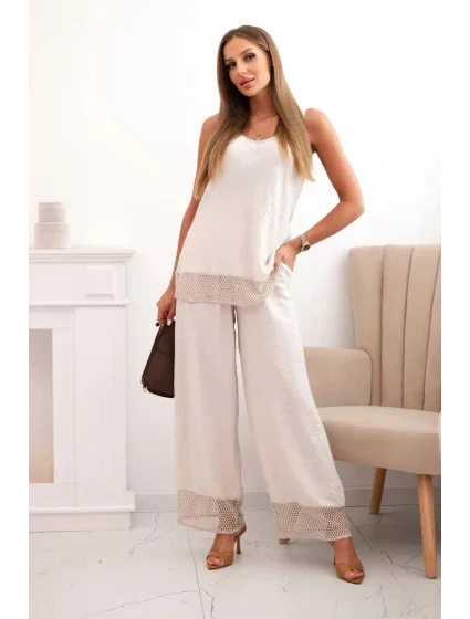 Dámská souprava z viskózy, top na model 21193176 ramínkách a kalhoty s širokým nohavicí béžový - K-Fashion