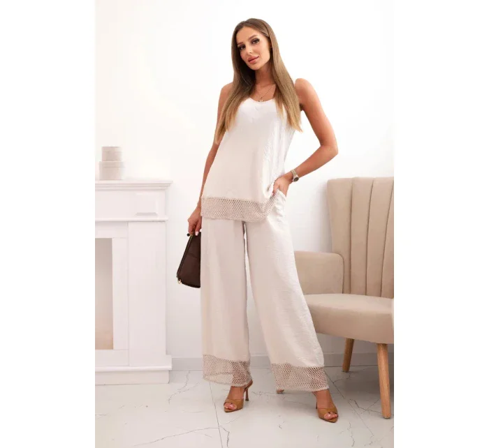Dámská souprava z viskózy, top na širokých ramínkách a kalhoty s širokým nohavicí béžový