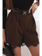 Dámské viskózové šortky s krajkou a páskem hnědé Dámské viskózové šortky s krajkou a páskem hnědé