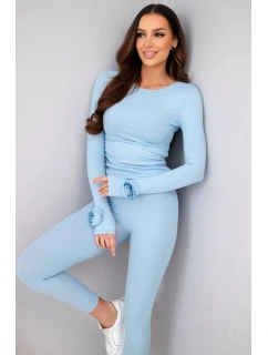 Dámský komplet z pruhované viskózy s dlouhým rukávem a legínami modrý