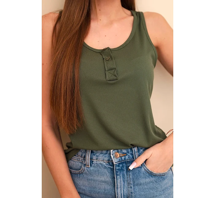 Dámská žebrovaná halenka na ramínkách s knoflíkem khaki