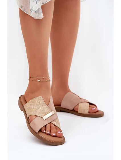 Dámské Pantofle Na Plochém Podpatku S Ozdobným Detalem model 21697185 Béžové - VINCEZA