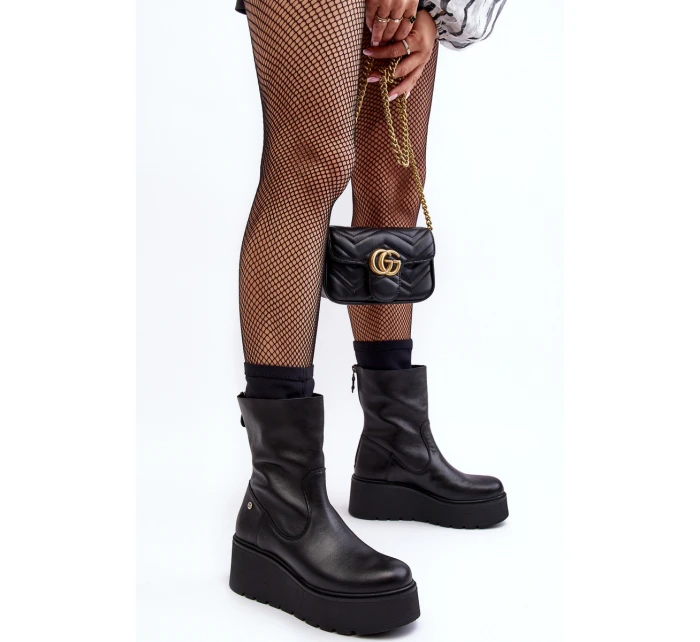 Dámské kožené kotníkové boty na masivní platformě Maciejka A7161-01 Černé