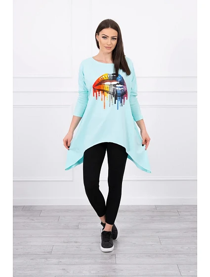 Oversize halenka s model 18744319 potiskem rtů v barvě mint - K-Fashion