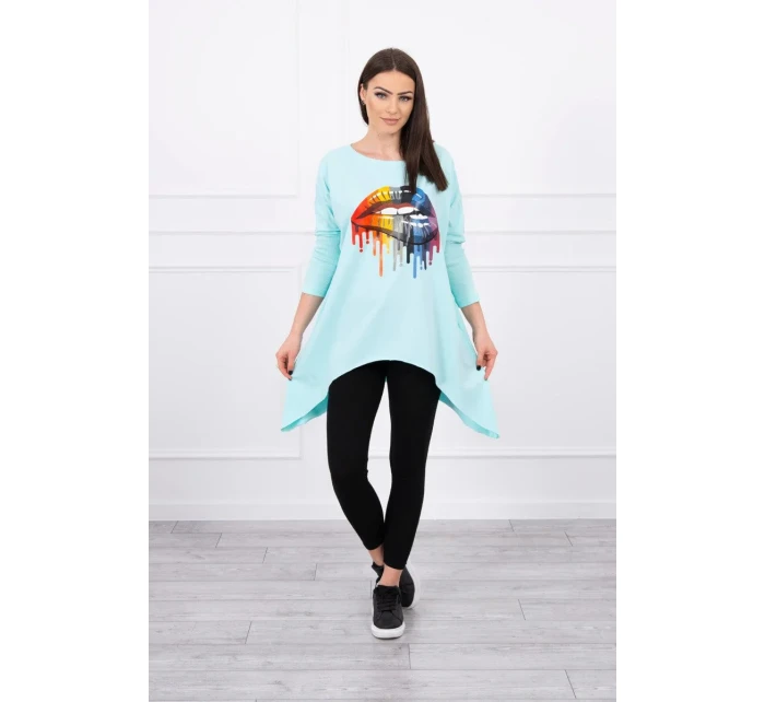 Oversize halenka s duhovým potiskem rtů v barvě mint