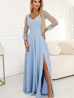 640-5 LORETTA jedinečné dlouhé šaty s tylovými rukávy a výstřihem - modré