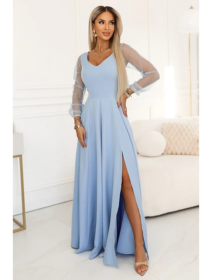 640-5 LORETTA jedinečné dlouhé šaty s tylovými rukávy a výstřihem - modré