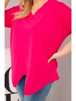 Dámská bavlněná blůza Plus Size s hlubokým výstřihem do V a asymetrickým lemem fuchsie
