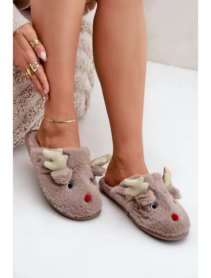 Vánoční Pantofle S Motivem Sobíka Kožešinové Tmavě Béžové Asielle Vánoční Pantofle S Motivem Sobíka Kožešinové Tmavě Béžové Asielle